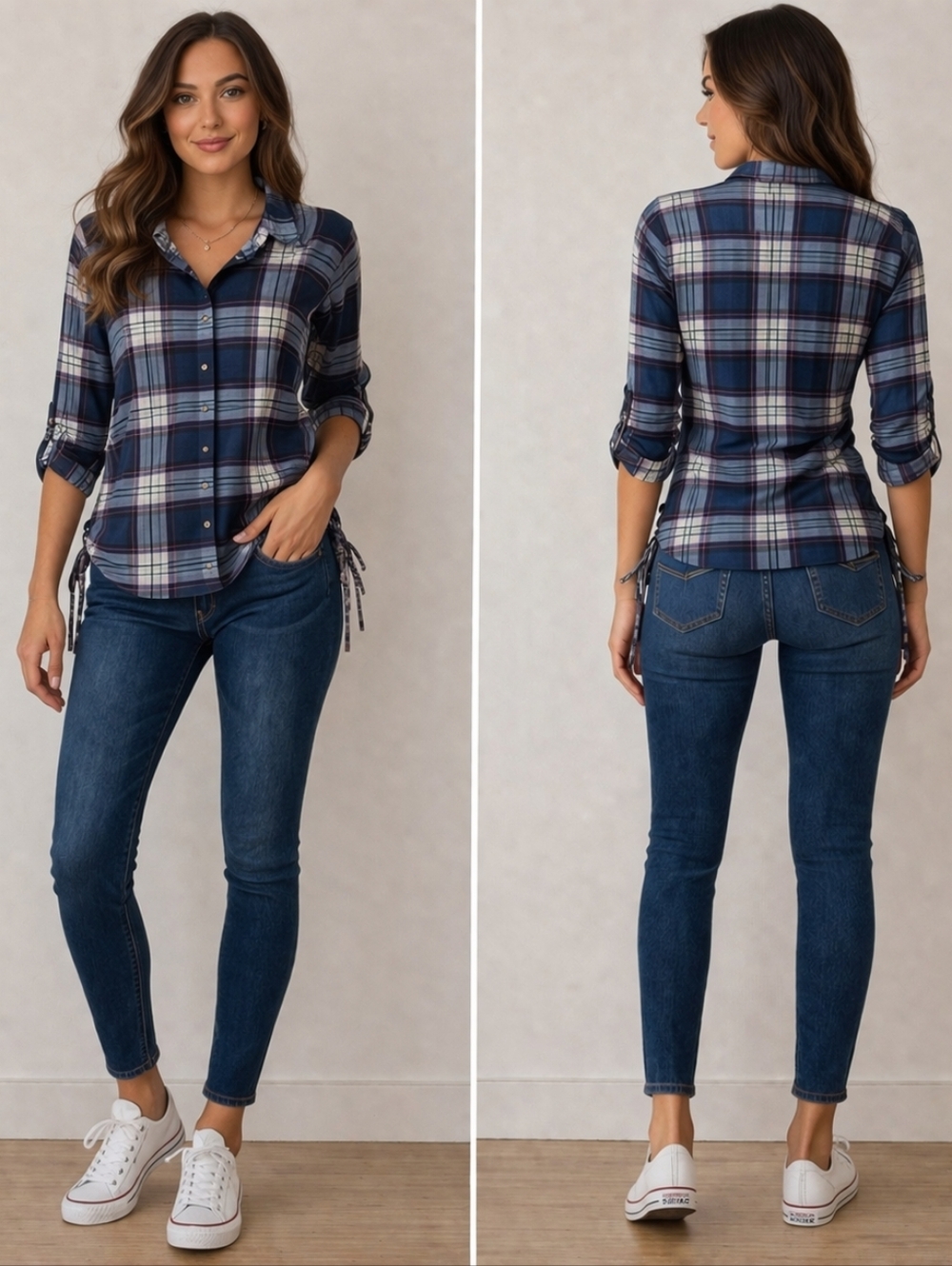 Passport Women’s Small Plaid Button Down Shirt Navy Blue Pink White